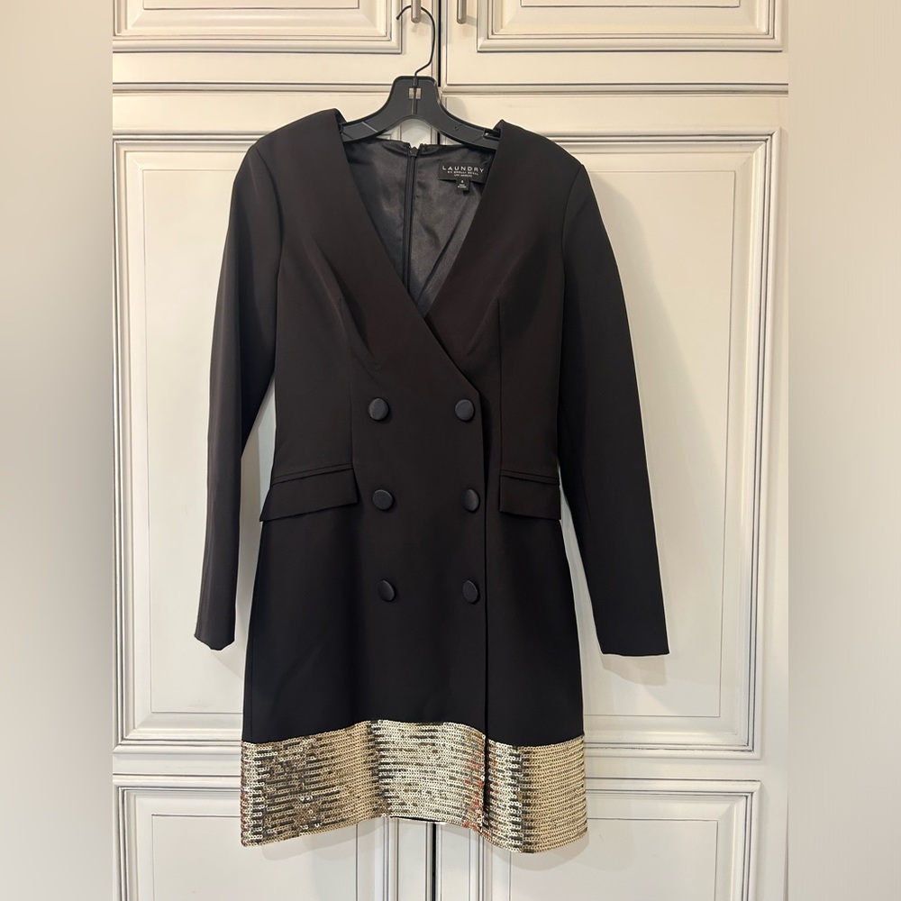 Black blazer dress with gold sequin trim on bottom